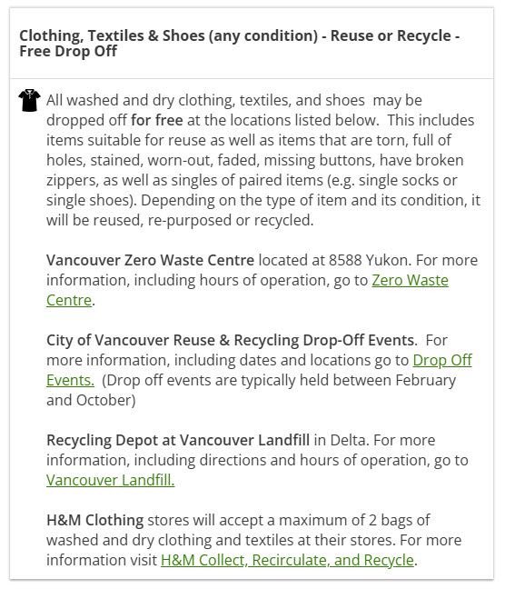 Did you know?: The <a href="/CityofVancouver/">City of Vancouver</a> has an online "Waste Wizard" and an app to tell you how to Reduce, Reuse, Repair, Repurpose and/or Recycle (RRRRR) -- and where to discard your waste.

Try it out:
vancouver.ca/green-vancouve… 

#ZeroWaste #Vancouver #BC #Canada #clothing #textiles