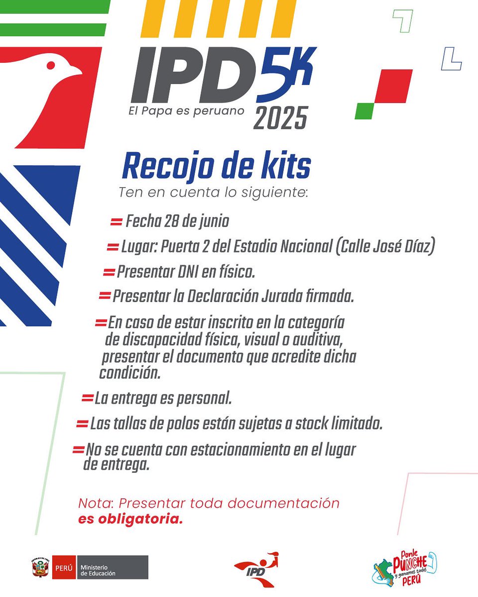 🗞️ Te presentamos todos los detalles del recojo de kit de la #CarreraIPD5K. Este sábado 28 de junio te esperamos desde las 9:00 a. m. en la puerta 2 del Estadio Nacional. 🇵🇪

#IPDFortaleceElDeporte