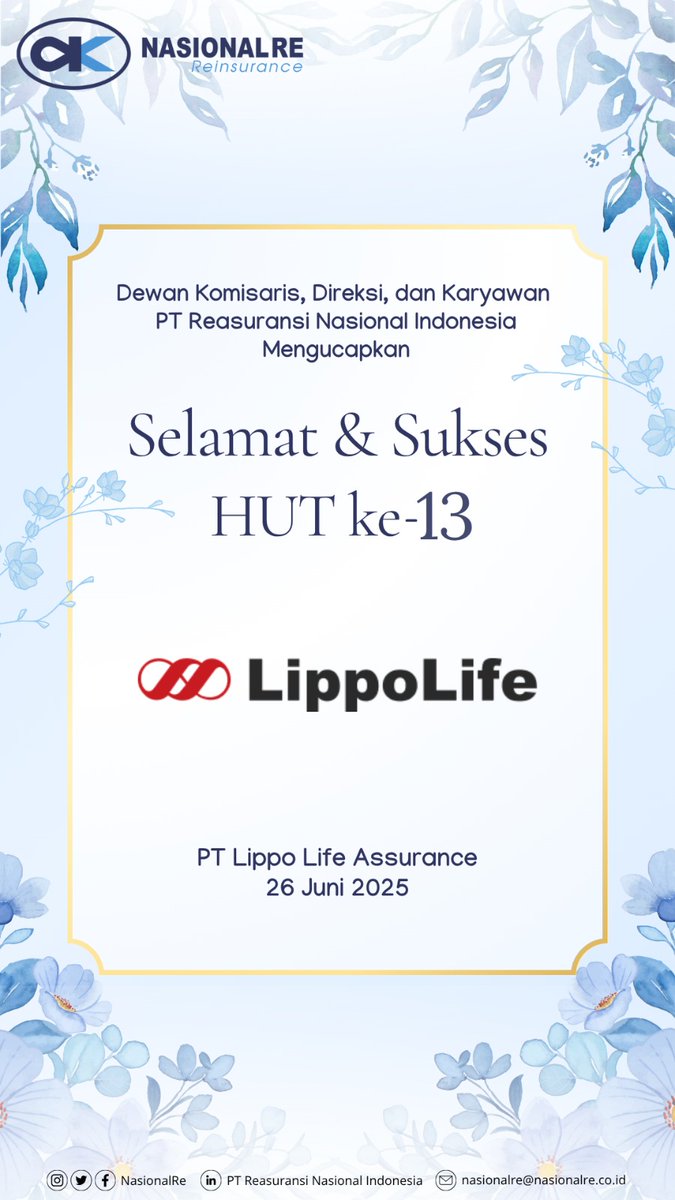 Dewan Komisaris, Direksi, dan Karyawan PT Reasuransi Nasional Indonesia mengucapkan Selamat Ulang Tahun yang Ke-13 PT Lippo Life Assurance. 

#NasionalRe
#NasRe
#Reasuransi
#Reinsurance