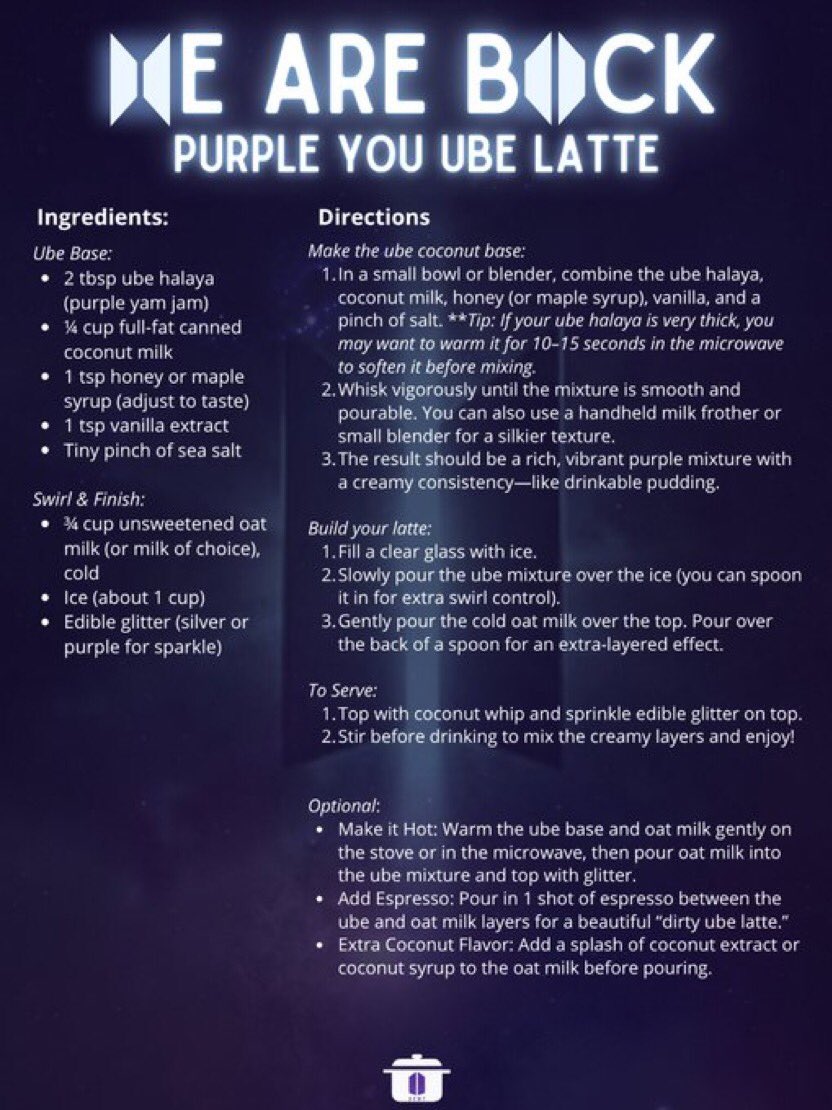 BTSARMYKitchen's tweet photo. Hey ARMY !!
It’s time for another treat! This time something meaningful that is resounding with @BTS_twt as well as ARMY !
Here’s a BORAHAE LATTE 💜🤟🏼
#BTSISBACK
#btsfesta2025
#WelcomeBackBTS
#BTSisHOME https://t.co/SAq4XxMsos