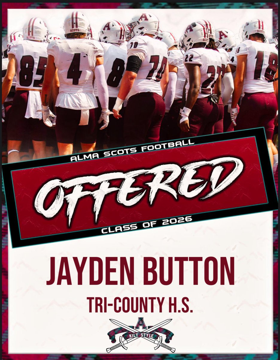 Jayden Button (@jayjay13ok_) on Twitter photo I’m #blessed by God to receive my second official collegiate offer from <a href="/AlmaScotsFB/">Alma College Football</a> 🙏🏽 thank you <a href="/CoachCouchAlma/">Jason Couch</a> <a href="/CoachSpooner_/">Teddy Spooner</a> <a href="/Ryan_Ettinger1/">Ryan Ettinger</a> <a href="/CoachBalhorn/">Coach Balhorn</a> <a href="/AlmaCoachCole/">Scotty Cole</a> <a href="/TheJoshGuilford/">Josh Guilford</a> 💯 <a href="/MichFBFrenzy/">Michigan Prep Frenzy</a> <a href="/MIexposure/">Michigan exposure</a> <a href="/PrepRedzoneMI/">Prep Redzone Michigan</a> <a href="/TCHSATHLETICS/">TRICOUNTYFOOTBALL</a> I’m #blessed by God to receive my second official collegiate offer from <a href="/AlmaScotsFB/">Alma College Football</a> 🙏🏽 thank you <a href="/CoachCouchAlma/">Jason Couch</a> <a href="/CoachSpooner_/">Teddy Spooner</a> <a href="/Ryan_Ettinger1/">Ryan Ettinger</a> <a href="/CoachBalhorn/">Coach Balhorn</a> <a href="/AlmaCoachCole/">Scotty Cole</a> <a href="/TheJoshGuilford/">Josh Guilford</a> 💯 <a href="/MichFBFrenzy/">Michigan Prep Frenzy</a> <a href="/MIexposure/">Michigan exposure</a> <a href="/PrepRedzoneMI/">Prep Redzone Michigan</a> <a href="/TCHSATHLETICS/">TRICOUNTYFOOTBALL</a>