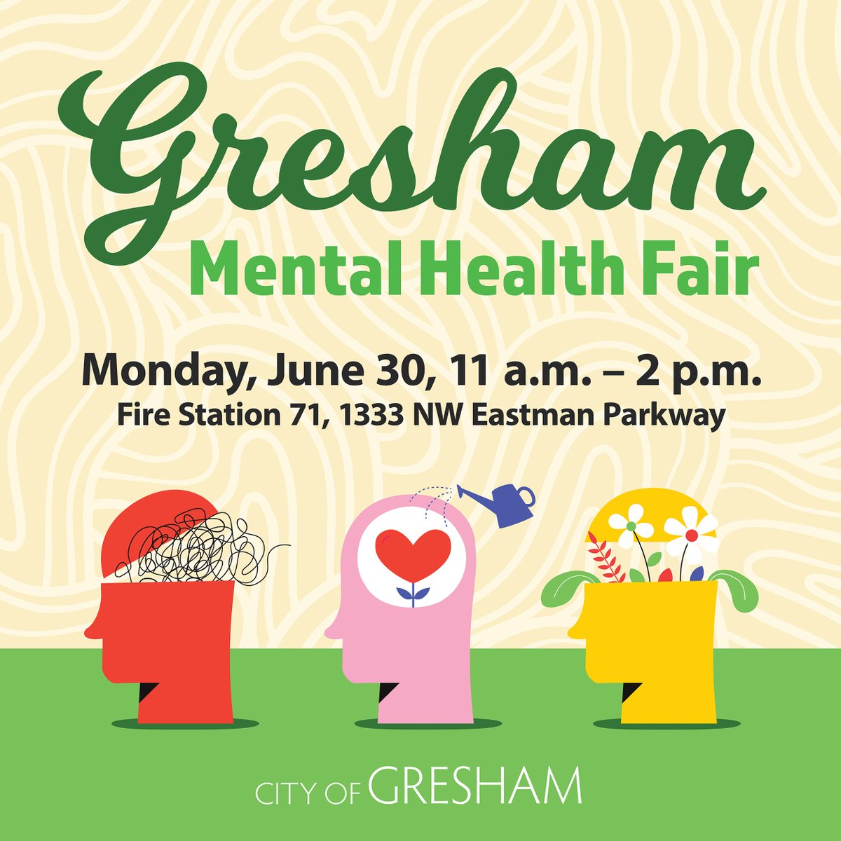 As Men’s Mental Health Month comes to a close, let’s celebrate with care and connection 💚

Our FREE Mental Health Fair has something for everyone.

📅 Monday, June 30, 11—2 
📍 Fire Station 71, 1333 NW Eastman Parkway

greshamoregon.gov/events/2025/co…