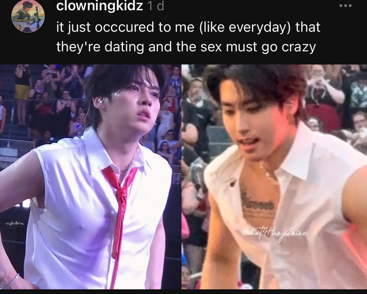 saw this over on threads and decided i needed to share with twt as well. mimos shirt is 😫 PLEASE ONE CHANCE MNSVNG THATS ALL I ASK

creds to @/clowningkidz on threads
