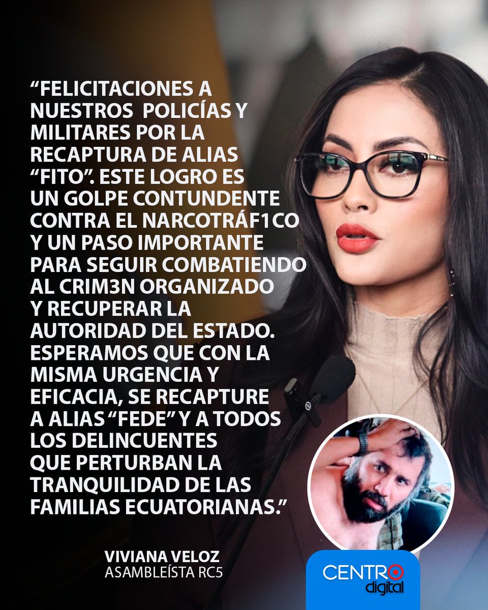radiocentroec's tweet photo. La asambleísta de la Revolución Ciudadana, Viviana Veloz también se sumó a las felicitaciones a la Policía y a las Fuerzas Armadas por la recaptura de alias “Fito”, y calificó el hecho como un golpe contundente contra el n@rcotráfico. Sin embargo, exhortó a que se actúe con la misma urgencia y eficacia para capturar a alias “Fede”
Los Detalles ⤵️
https://t.co/iLeD6O9OXa