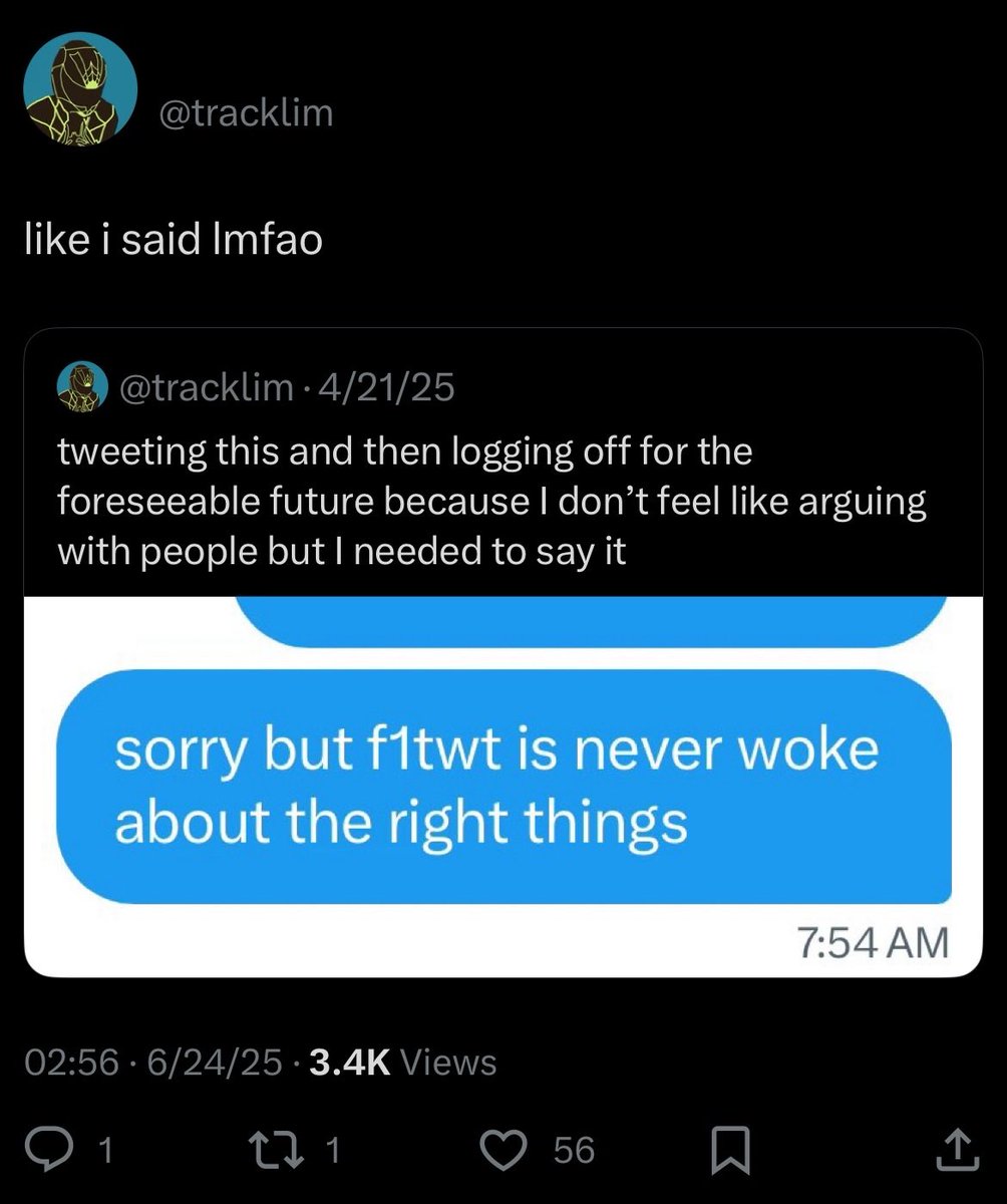 she claims that f1twt is woke for all of the wrong reasons yet is mutuals and is actively interacting with people who called Oscar piastri a pedophile and said the nastiest shit about him on space. It’s only “time to be woke” when it’s in your favour