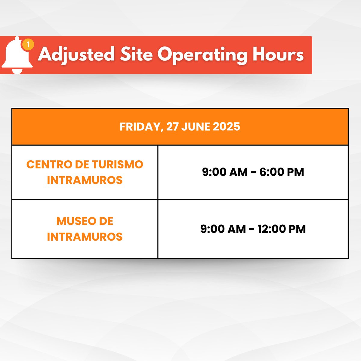 𝗡𝗢𝗧𝗜𝗖𝗘 𝗧𝗢 𝗧𝗛𝗘 𝗣𝗨𝗕𝗟𝗜𝗖

Please be advised of the updated operating hours of Centro de Turismo Intramuros and Museo de Intramuros on 27 June 2025.

Swipe through for details and plan your visit accordingly.

Thank you for your understanding and we look forward to