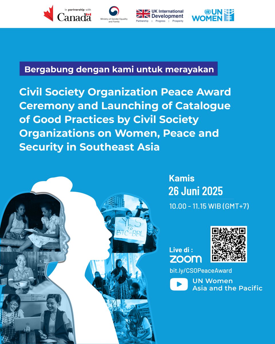 UN Women Indonesia (@unwomenid) on Twitter photo Starting soon! Ikuti CSO Peace Award dan peluncuran publikasi baru:
📅 26 Juni 2025 | 10:00–11:15 WIB / GMT+7
💻 Online via Zoom & Livestream via YouTube
🔗 Daftar di: unwo.men/Rr1y50WguQs
#WPS #WPSASEAN <a href="/unwomenasia/">UN Women AsiaPacific</a> <a href="/CanadaASEAN/">Canada-ASEAN</a> <a href="/FCDOGovUK/">Foreign, Commonwealth & Development Office</a> <a href="/mogef/">여성가족부</a> @uninindonesia Starting soon! Ikuti CSO Peace Award dan peluncuran publikasi baru:
📅 26 Juni 2025 | 10:00–11:15 WIB / GMT+7
💻 Online via Zoom & Livestream via YouTube
🔗 Daftar di: unwo.men/Rr1y50WguQs
#WPS #WPSASEAN <a href="/unwomenasia/">UN Women AsiaPacific</a> <a href="/CanadaASEAN/">Canada-ASEAN</a> <a href="/FCDOGovUK/">Foreign, Commonwealth & Development Office</a> <a href="/mogef/">여성가족부</a> @uninindonesia