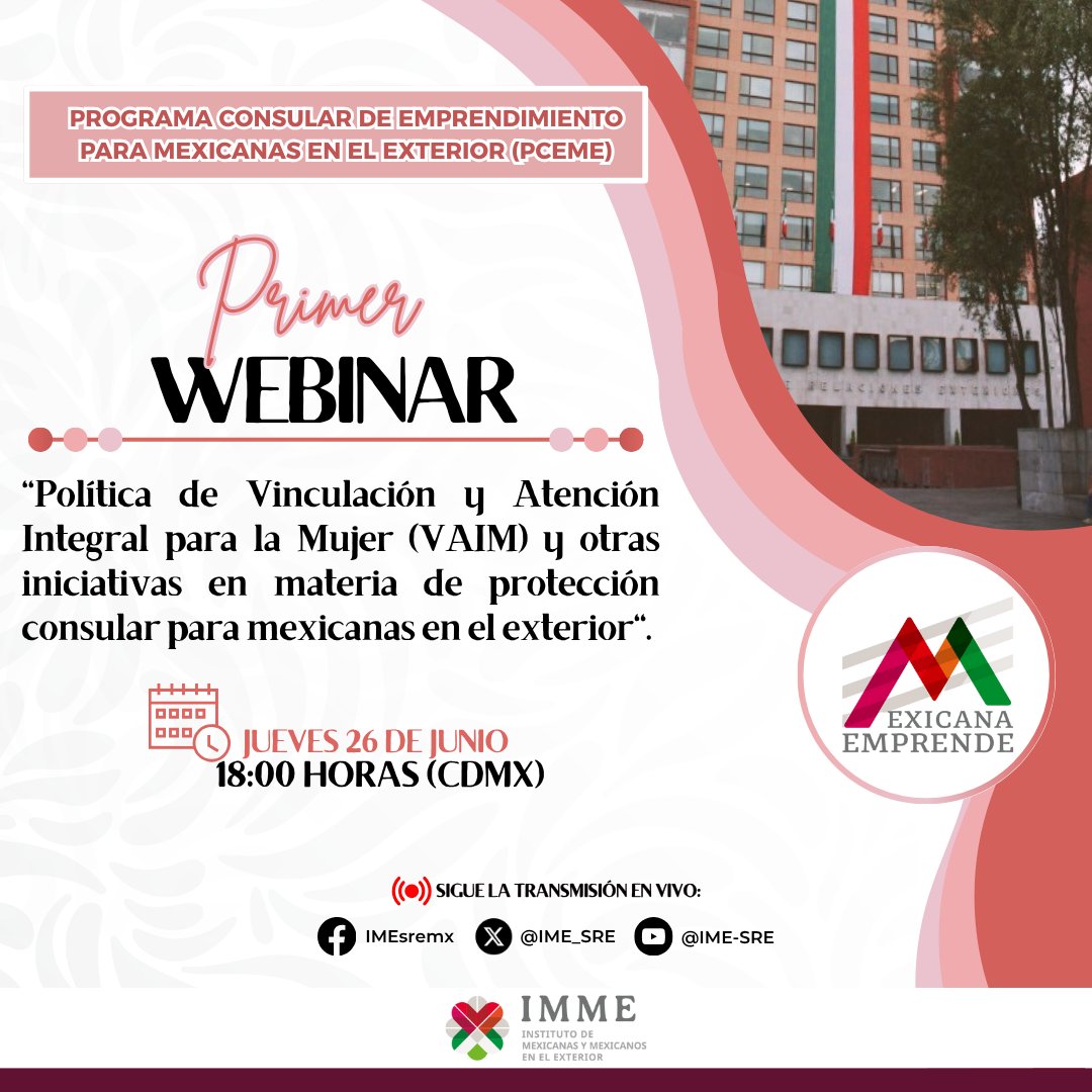 📌En el marco de la 6ª edición del PCEME 🙋🏻‍♀️, acompáñanos este jueves 26 de junio de 2025, al 1er webinar “Política de Vinculación y
Atención Integral para la Mujer (VAIM)” impartido por la Dirección General de Protección Consular y Planeación Estratégica (DGPCPE) de la <a href="/SRE_mx/">Relaciones Exteriores</a>