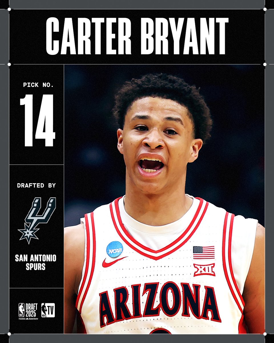 CARTER BRYANT WELCOME TO SAN ANTONIO 👏

The <a href="/spurs/">San Antonio Spurs</a> take the Arizona product with the No. 14 pick in the #NBADraft!