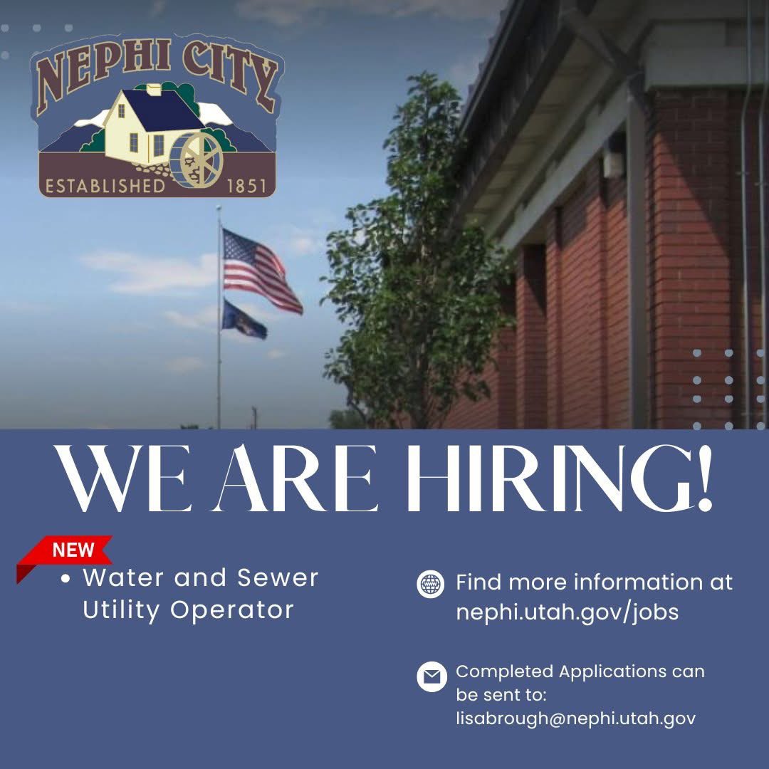 Nephi City (@nephicity) on Twitter photo Nephi City is HIRING!!!
Position: Sewer and Water Utility Operator
For more information and to apply please visit nephi.utah.gov/jobs Nephi City is HIRING!!!
Position: Sewer and Water Utility Operator
For more information and to apply please visit nephi.utah.gov/jobs