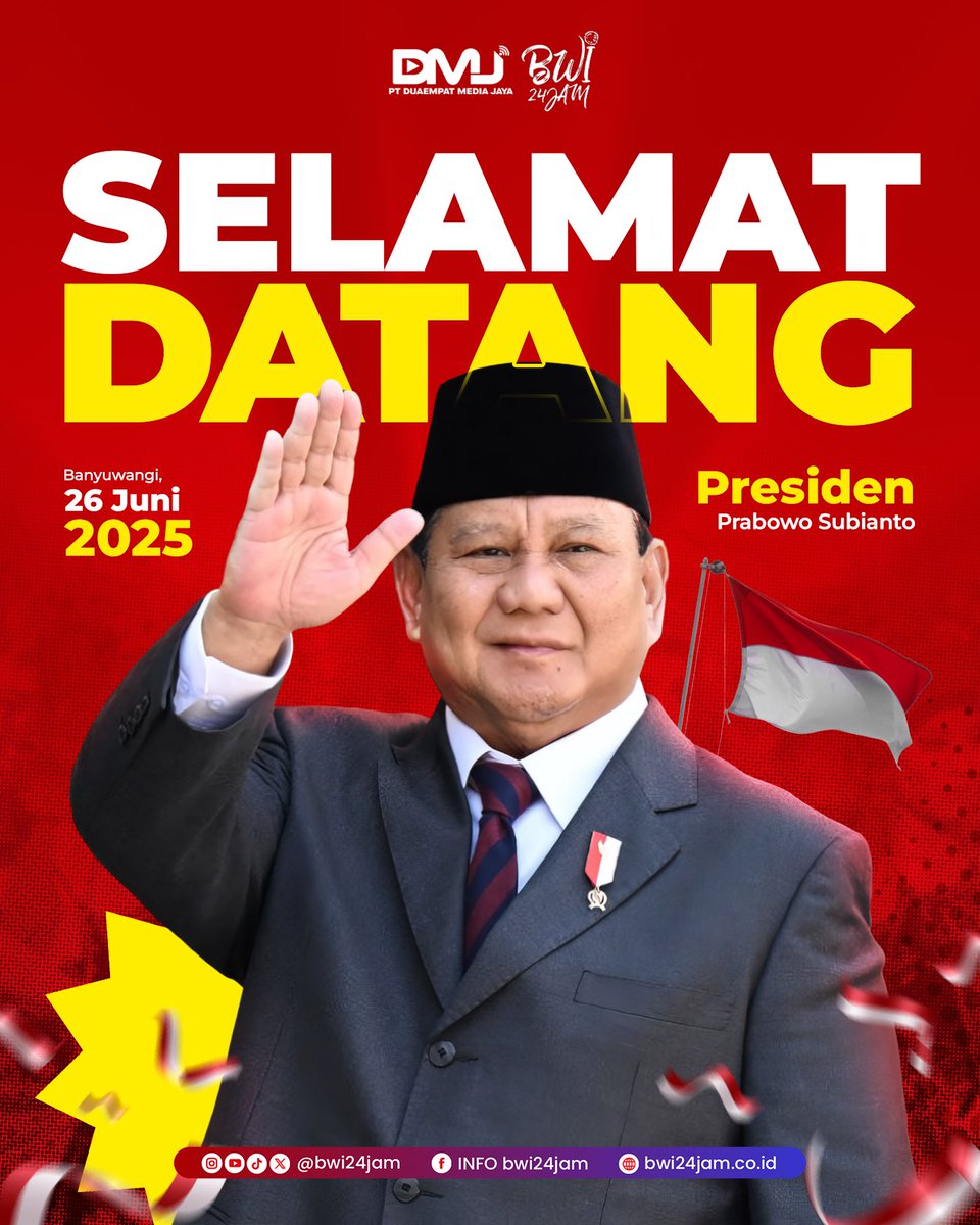Prabowo Subianto hari ini Kamis (26/06/2025) mendarat di Bandara Bwx dlm rangka meresmikan Pembangkit Listrik Tenaga Panas Bumi (PLTP) Ijen di Blawan, Kab. Bondowoso, Dikabarkan setelah mendarat di Bandara Bwx,melanjutkan perjalanan udara delgb helikopter untuk menuju Ijen.