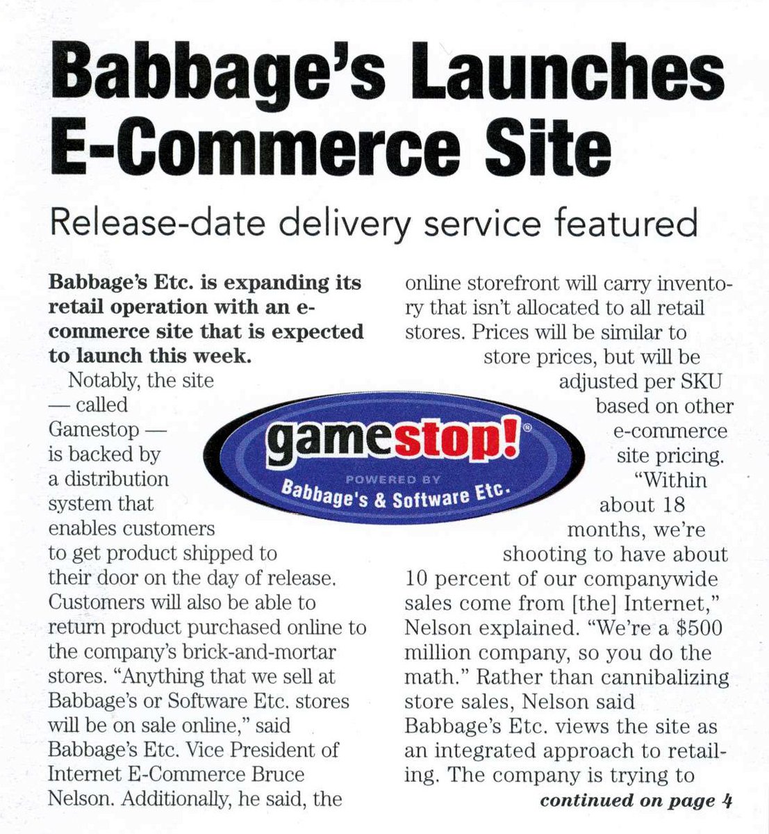 GameHistoryOrg's tweet image. One more article from VGHF&apos;s scans of Games Business... in July 1999, Babbage&apos;s launched a new video game delivery website called [squints] Game...stop? That&apos;ll never work: archive.gamehistory.org/item/d8cde6cd-… (Page. 1)