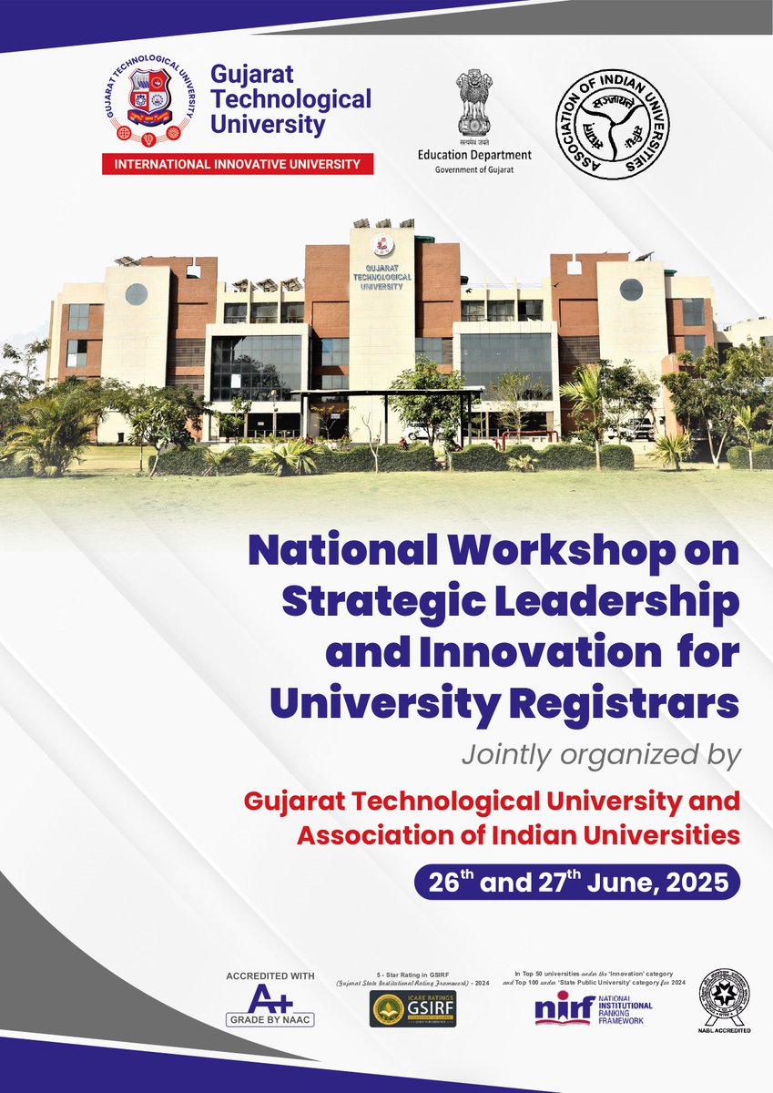 📢 A landmark event in academic leadership!
AIU &amp; GTU proudly present a National Workshop on Strategic Leadership &amp; Innovation for University Registrars on 26–27 June 2025.
Shaping future-ready academic governance!
#AIU #GTU #HigherEducation #NEP2020 #Leadership #Innovation