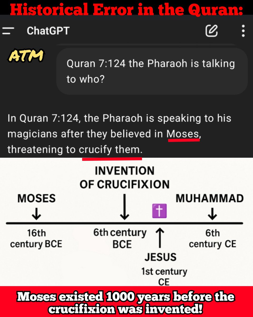 The Quran makes a historical discrepancy. In Quran 7:124, the Quran presents a conversation by Pharaoh to his magicians after they believed Moses, whereby the Pharaoh threaten to crucify them.  But we have an issue here. Moses existed 16 century BCE, research shows that