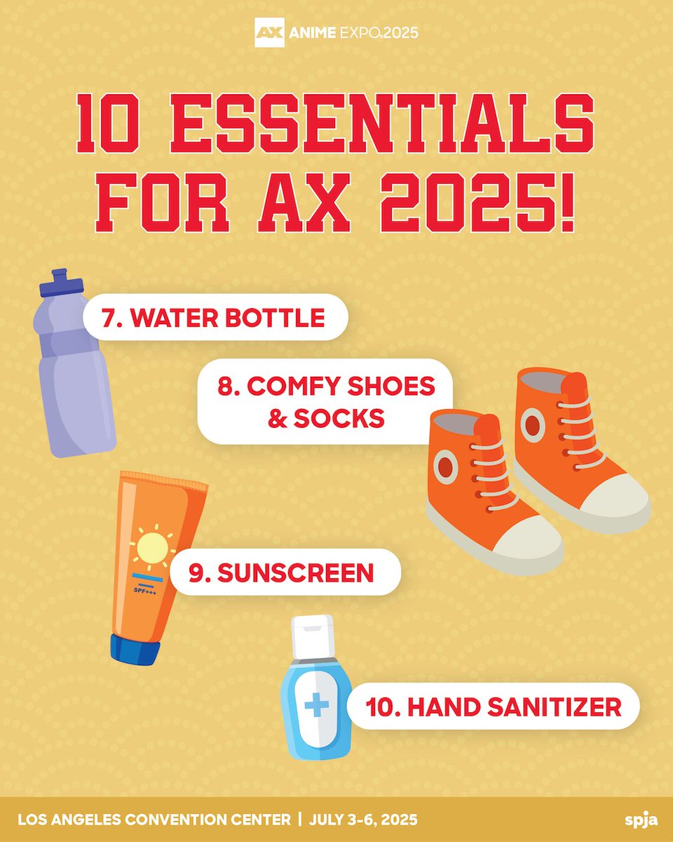 Be AX ready! ✨ Swipe to check off 10 essentials for comfort, safety, and maximum fun at #AX2025. 💧🪪

🎟️ Register Now! showclix.com/tickets/ax25-g… 
📱 Download Our Mobile App! anime-expo.org/mobile-app/

Anime Expo 2025 | July 3-6, 2025 | Los Angeles Convention Center, CA

#AnimeExpo