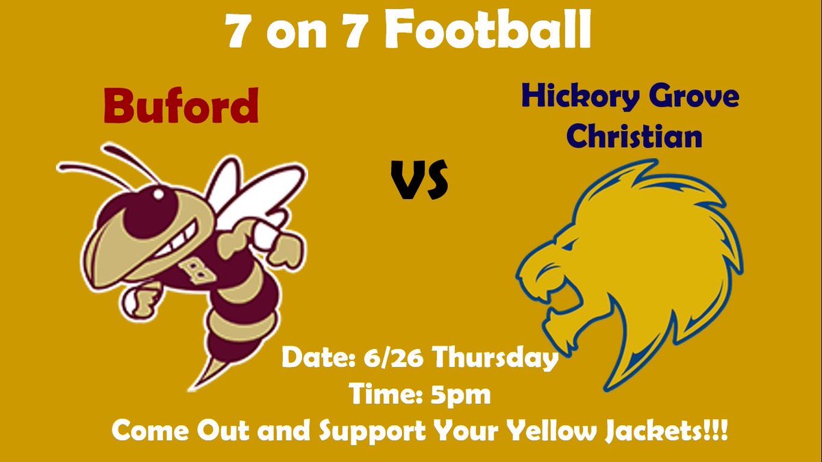 Coach Kane (@coachkane79) on Twitter photo Come on out and support your Buford Yellow Jackets as they take on Hickory Grove Christian!!
Starts Thursday at Home at 5pm!!
<a href="/BufordDept/">Buford Athletic Dept</a>
<a href="/BHSJackets/">Buford High School</a>
#FearTheSting #JacketNation #TheTimeIsNow #GoJackets #BHSFootball Come on out and support your Buford Yellow Jackets as they take on Hickory Grove Christian!!
Starts Thursday at Home at 5pm!!
<a href="/BufordDept/">Buford Athletic Dept</a>
<a href="/BHSJackets/">Buford High School</a>
#FearTheSting #JacketNation #TheTimeIsNow #GoJackets #BHSFootball