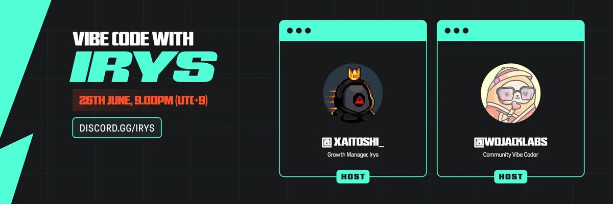 irys_xyz's tweet image. 8 weeks
That's how many consecutive weeks that @xaitoshi_ has been hosting community vibe coding sessions.
And we've seen a lot of cool testnet applications built by COMMUNITY members come out of these.
The next session will be held on June 26th at 9:00 PM UTC +9 inside the…