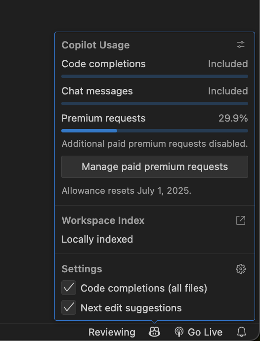 vscode右下のcopilotマーク押したら、Usage見れるようになってた！
いつの間に、、