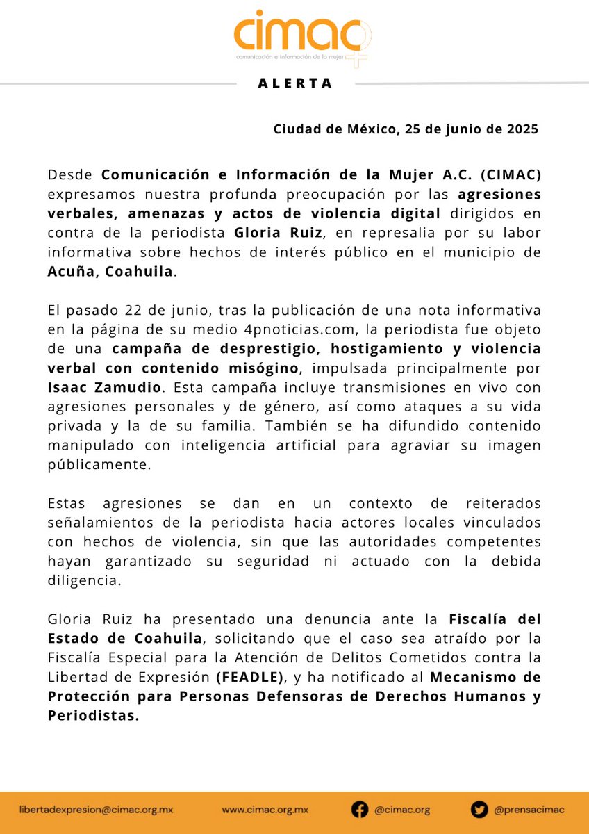 prensacimac's tweet photo. 🟠 Pronunciamiento 
Expresamos nuestra preocupación por las agresiones en contra de la periodista Gloria Ruiz. 

Desde CIMAC reiteramos nuestro compromiso con la defensa de su derecho a informar y a ejercer el periodismo libre de violencia. 

#MujeresPeriodistas  #Coahuila https://t.co/OOqntPPbBi