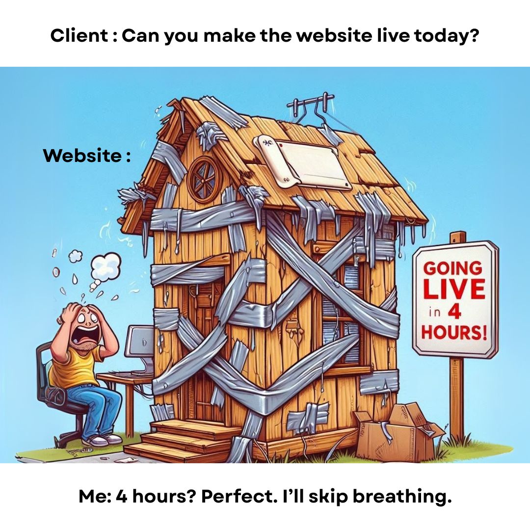 SaptaCode's tweet image. Sometimes, we all feel this, right?

You give it your all… still the client’s deadline is rushing at you.
So what do we do?

🟩Skip breathing.

🟩Code more.

🟩Fix everything like magic.

Life of a dev 🧑‍💻
#ClientDeadlines #DeveloperLife #CodeRush #ITMeme #RelatableDev