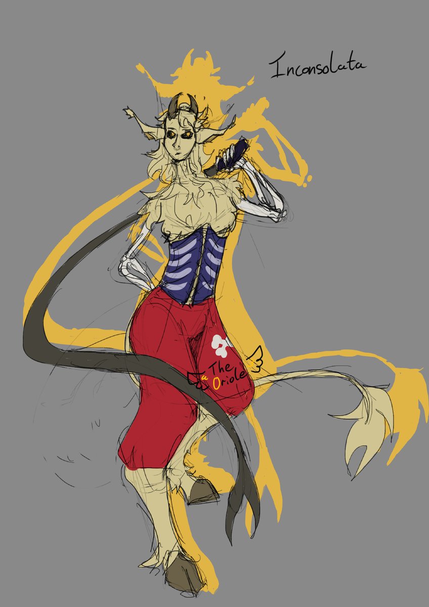 Ink_Orinthae's tweet photo. Sol rarely gets along with her co worker Bella, and is sometimes known as the Princess of sparks. She used to be very close to her Cousin Peralta, but after they came to Haven their relationship grew strained.

#Art #CharacterDesign #CharacterArt #OC #OCart #Skeleton #Goat #Satyr https://t.co/chOuL5gze3