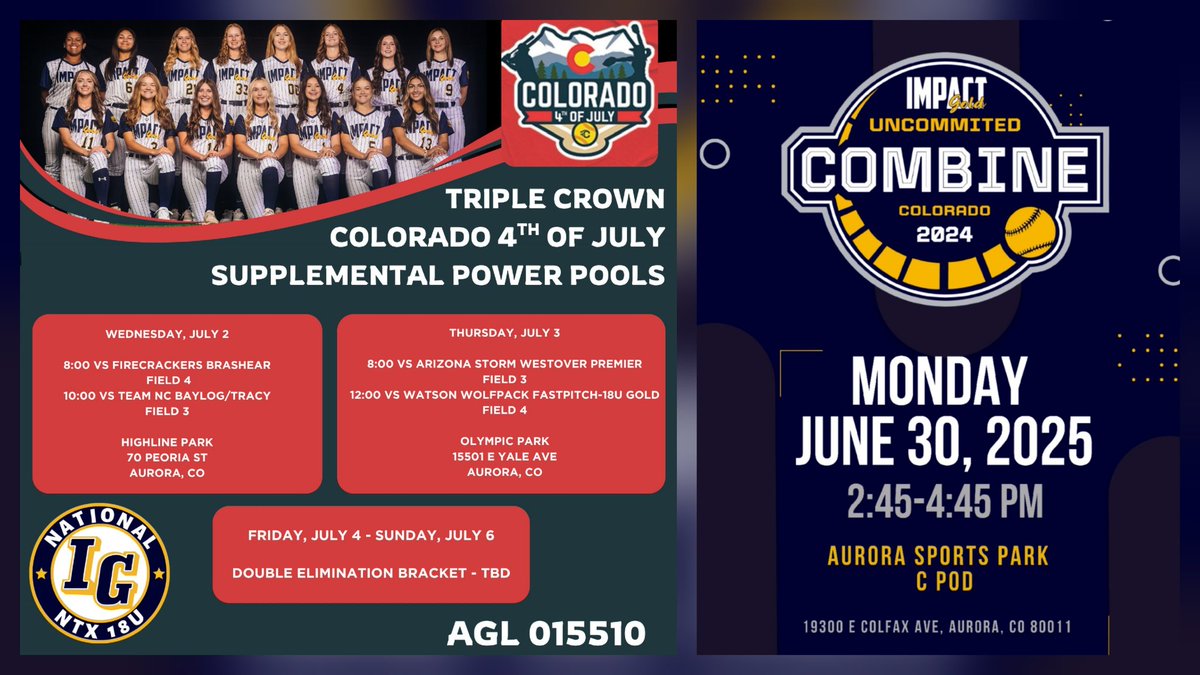 Best time of the year!  Heading out to Colorado in 36 hours for Sparkler, College Camp, and  IG Combine. Can't wait to compete. Looking forward to seeing all the coaches. 
<a href="/IGNatl18uNTX/">IMPACT GOLD NATIONAL 18U NTX</a> <a href="/TakeCharge_SB/">TakeChargeRecruiting-Softball</a> 
<a href="/ImpactGoldOrg/">Impact Gold Fastpitch</a> <a href="/LineDsoftball/">Line Drive Media</a> 
<a href="/SoftbalAmerica/">Softball America</a> <a href="/ExtraInningSB/">EXTRA INNING SOFTBALL</a>
