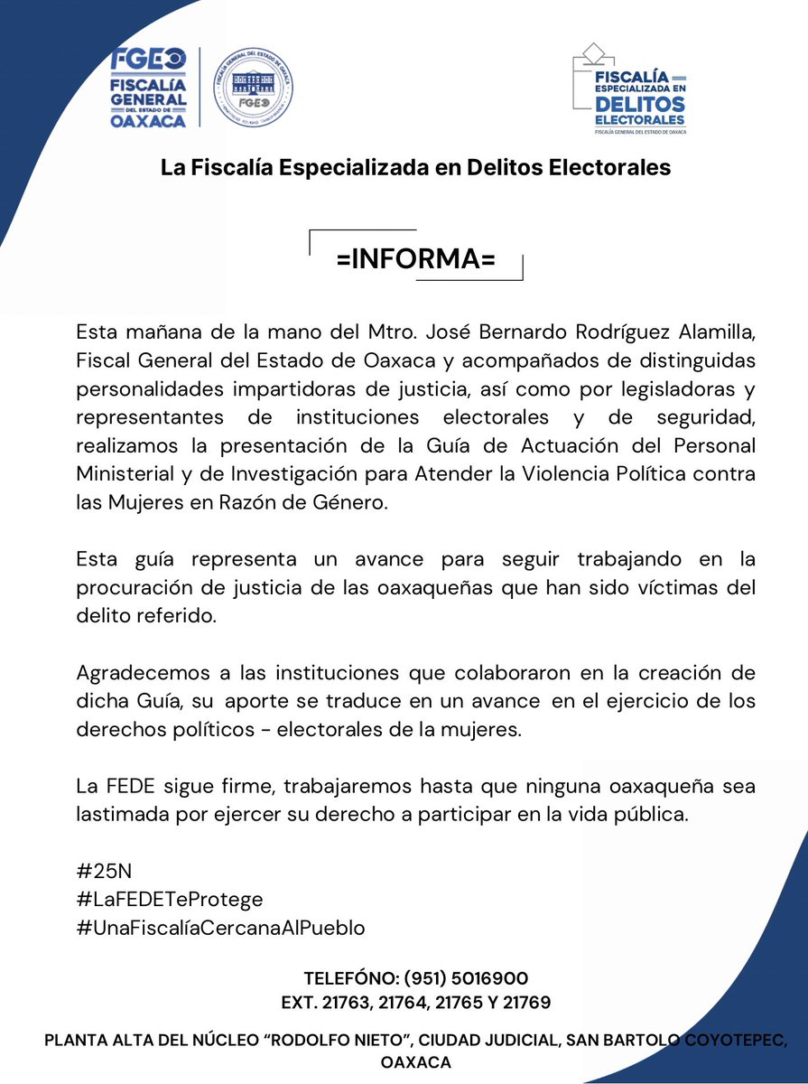 FEDEOaxaca's tweet image. #25N
#LaFEDETeProtege
#UnaFiscalíaCercanaAlPueblo