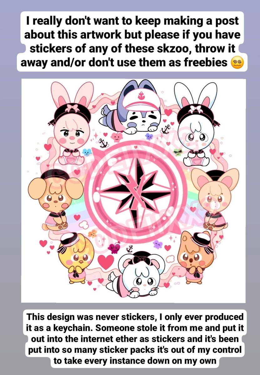 I am once again asking people to stop giving this skzoo design out as freebies, it was never free 🫠

Ive seen people post freebie hauls with stickers of these skzoos in it. 

Please throw the stickers away.