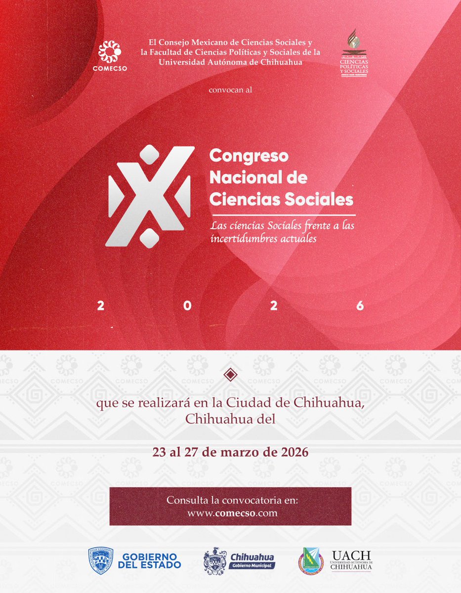 📢 ¡Abierta la convocatoria! X Congreso Nacional de Ciencias Sociales (XCNCS) 2026

🗓 Fecha en la que se llevará acabo: 23 al 27 de marzo de 2026

📅 Fecha límite para envío de propuestas: 18 de agosto de 2025
🌐 Convocatoria completa: comecso.com/congreso-x/con…