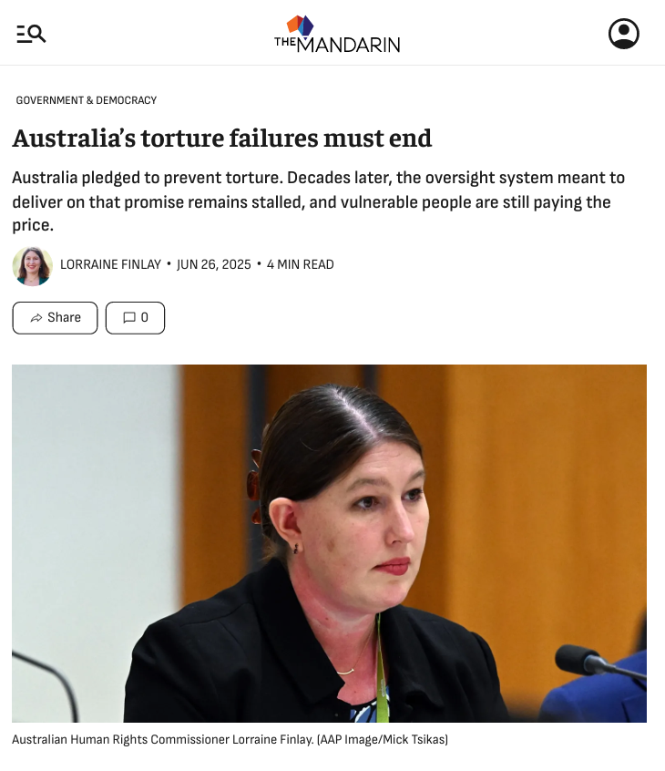 Lorraine Finlay (@lorrainejfinlay) on Twitter photo On the UN International Day in Support of Victims of Torture, we must confront Australia's failure to fully implement OPCAT and ensure proper oversight of detention. Torture & mistreatment has no place here - or anywhere.
My latest in <a href="/TheMandarinAU/">The Mandarin</a>:
themandarin.com.au/294561-austral… On the UN International Day in Support of Victims of Torture, we must confront Australia's failure to fully implement OPCAT and ensure proper oversight of detention. Torture & mistreatment has no place here - or anywhere.
My latest in <a href="/TheMandarinAU/">The Mandarin</a>:
themandarin.com.au/294561-austral…