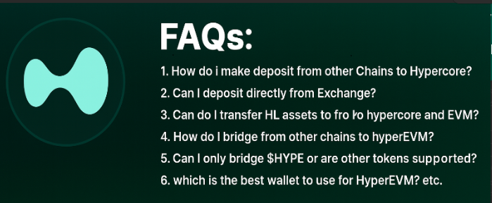 Prinzy25's tweet photo. MOVING FUNDS IN AND OUT OF HL: 
Still Confused About Depositing to Hyperliquid? This Guide Fixes That.

I have countlessly come accros persons confused and asking how do they get funds in and out of hyperliquid, both hypercore and EVM included.

Lets settle this once and for all. 
Here is all you need to know and the answers to your FAQs

1. How do i make deposit from other Chains to Hypercore?

Currently Hypercore supports deposite from: 
- Arbitrum (USDC, USD.e and USDT)
- Solana (SOL and Fartcoin)
- Bitcoin (BTC)
- Etherium (ETH), 

To deposit to hypercore, use this link here https://t.co/mXN0LuGrib 

- Connect your wallet. 
- Click on “Deposit”, 
- Select chain and assets. 
- For Arb chain u only need to sign a trx,  
- For other chains, a unique address is provided
- copy the unique address and transfer the the assets, - Return and click “done” wait for ur assets to reflect. 

NB: Observe the treshold amount, for sol the least u can deposit or withdraw is 0.2sol.
The croschain infra is powered by @unitxyz

2. Can I deposit directly from exchanges?   
- YES

There are some exchanges that support $HYPE deposit/withdrawal. The popular ones includes but not limited to: 
https://t.co/h3KLrbwpFG, 
Mexc, 
Bitget, 
Simpleswap 
CoinEx etc. 
Some of them support both Hypercore and EVM, check and select the proper chain that applies to you, 

I personally recommend sending to L1, then transfer to evm 
Hypercore CA: 0x0d01dc56dcaaca66ad901c959b4011ec

3. How do I transfer HL assets to and fro hypercore and EVM?

Quite easy, while the wallet is still connected
- Go to “trade” tab 
- "establish connection” if you have to. 
- click the “transfer to EVM’ option beside the token balance. 
- Togle the arrows to select direction (spot to evm vice versa
- sign the trx to finish up. 
For tokens other than $HYPE u might get the warning in the screenshot here.

The  evm CA displayed is that of the token you are trying to transfer, if you are arent sure the token is deployed already on evm, search the CA on dapps such as hyperswap, if still not sure, test with small amount before going big.

4. How do I bridge from other chains to hyperEVM?

Much easier than it sounds, Several dApps support bridging directly to HyperEVM:

Use in-dApp bridges:
@HyperSwapX (has a built-in bridge tab)
@LiquidLaunchHL (also integrates bridging)

Steps:
- Navigate to the "Bridge tab"
- Select source chain & token
- Select destination as HyperEVM
- Confirm and sign the transaction

If you’re bridging from or to Solana, you will have to connect your Solana wallet as well.

Other tools that support cross-chain bridging to HL:
- Debridge
- jumper Exchange

5. Can I only bridge to $HYPE or other tokens are supported?

Yes other tokens are supported.

Debridge and Jumper allows bridging of your choice assets from other chains to varieties of hyperEVM tokens. you can paste the the CA to fect the token if it doesnt appear by default. Nice job @jumperapp  @0xluude and team for this great integration. 

6. which is the best wallet to use for HyperEVM?

Outrighly, I recommend rabby wallet by @Rabby_io  for the best experience. it does not only give the best user experience, It has hyperevm RPC integrated, tracks your hyperevm portfolio automatically all in one place very beatiful to see.

Inasmuch as there are still couple of other ways to deposit to HL didnt mention, I beleive these are among the easiest way with less drama. 
However I will add more options with time if I see the need to.

Get started already. 
Follow, like, bookmark and rtw to further push the content to folks who needs it  more.