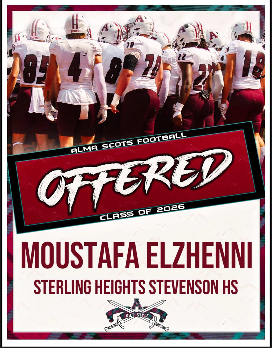 Moustafa Elzhenni (@mooseelzhenni) on Twitter photo After a great conversation with <a href="/CoachCouchAlma/">Jason Couch</a> I am blessed to have received an offer from <a href="/AlmaScotsFB/">Alma College Football</a>
<a href="/Coachvon05/">Kelvon roberts</a> <a href="/SHSTitansfball/">Sterling Heights Stevenson Titan Football</a> <a href="/Wrongarm55/">Ben Torres</a> <a href="/18bstank/">Coach Stank</a> <a href="/DaBossHog_/">Coach Green</a> After a great conversation with <a href="/CoachCouchAlma/">Jason Couch</a> I am blessed to have received an offer from <a href="/AlmaScotsFB/">Alma College Football</a>
<a href="/Coachvon05/">Kelvon roberts</a> <a href="/SHSTitansfball/">Sterling Heights Stevenson Titan Football</a> <a href="/Wrongarm55/">Ben Torres</a> <a href="/18bstank/">Coach Stank</a> <a href="/DaBossHog_/">Coach Green</a>