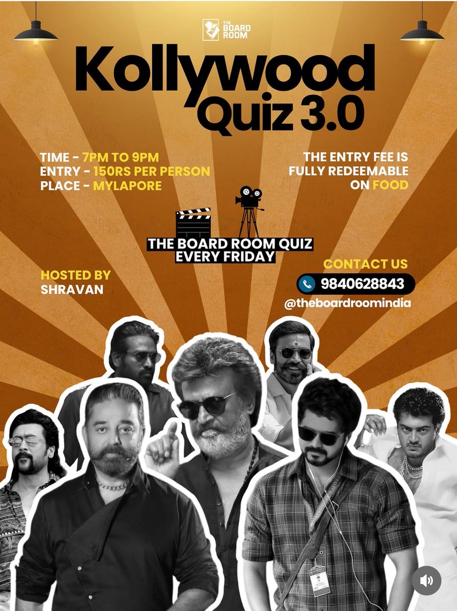 Holaaaa! I am back with another quiz I want to goooo and looking for teammates 💃💃

Is anyone free? 

docs.google.com/forms/d/e/1FAI… TBR Quiz Night @ TBR Mylapore - Movie Quiz: Kollywood Edition