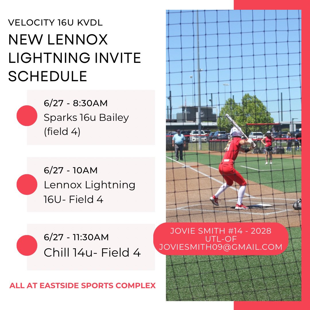 Jovie Smith (@joviesmith14) on Twitter photo My teams schedule for the New Lennox Lightning Invite this
weekend👇🏻
<a href="/Velo_Softball/">Velocity Softball</a> <a href="/Velocity_GB/">Velocity Performance Training</a> My teams schedule for the New Lennox Lightning Invite this
weekend👇🏻
<a href="/Velo_Softball/">Velocity Softball</a> <a href="/Velocity_GB/">Velocity Performance Training</a>
