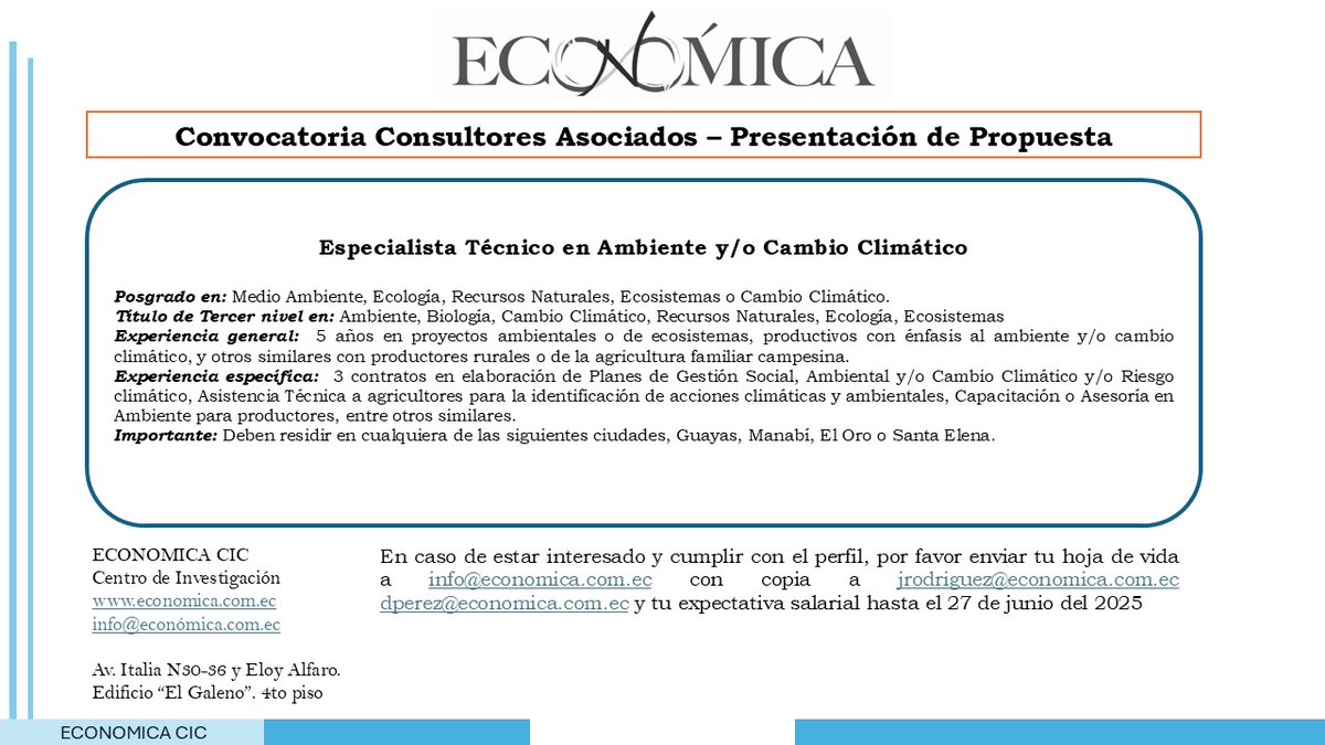 En <a href="/EconomicaCIC/">@Económica</a> buscamos consultores asociados para presentación de propuestas

Anímate y aplica #sihaytrabajo