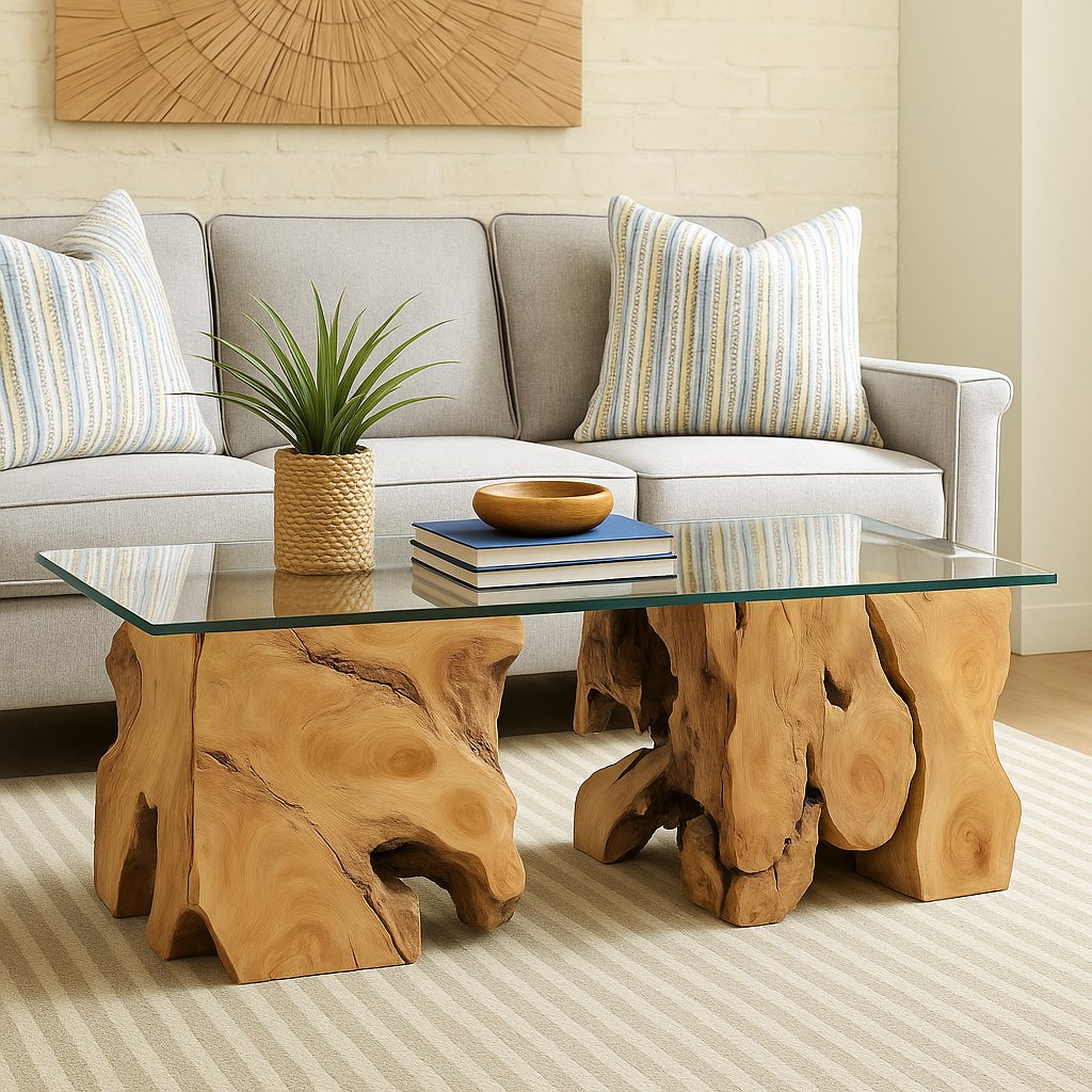 What if your living room had a piece of the forest floor—untamed, elegant, and entirely one of a kind—right at its center?

This rustic teak wood coffee table is a celebration of nature’s raw elegance. Crafted from a single slab of solid teak, its irregular silhouette preserves