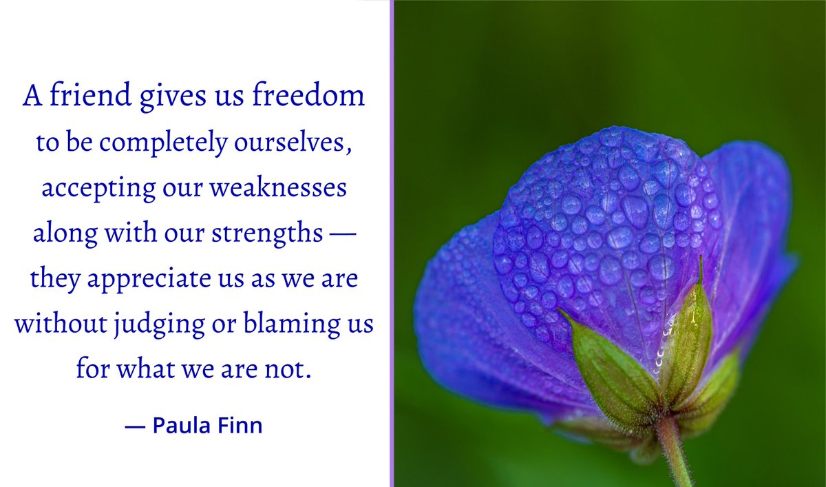 A friend gives us freedom
to be completely ourselves,
accepting our weaknesses 
along with our strengths —
they appreciate us as we are
without judging or blaming 
us for what we are not.
~ Paula Finn