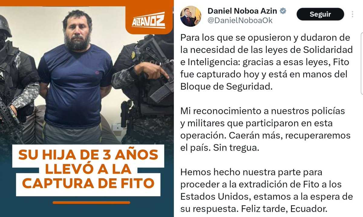 Se les cae el framing de la recaptura de Fito. Ha sido por la hija del man y no por las leyes de Mr. Noboa. 🤣🤡