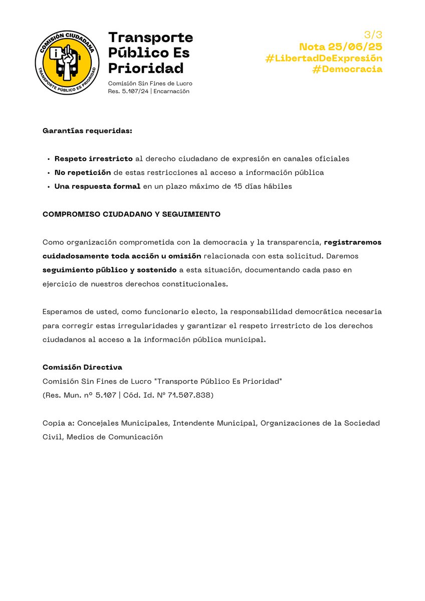 📢 Solicitud formal a la Junta Municipal de Encarnación: cese de restricciones al acceso a información pública en redes oficiales.

Como organización reconocida exigimos respeto a la participación ciudadana.

Plazo: 15 días hábiles

🔗 transporteesprioridad.blogspot.com/2025/06/presen… 

#LdE