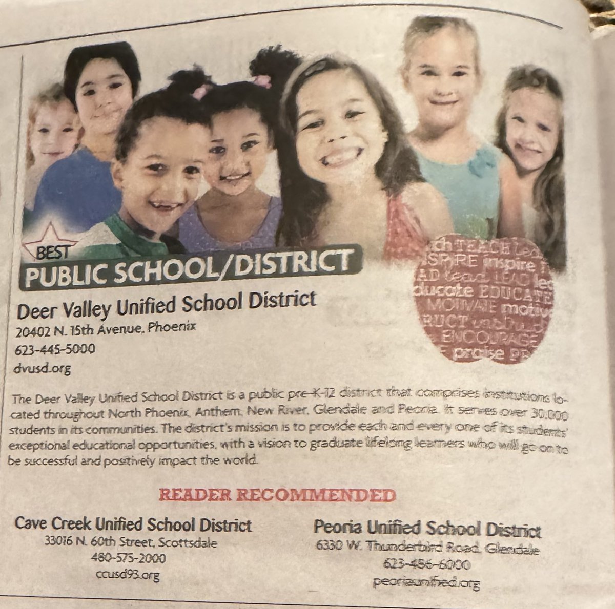 Curt Finch, PhD (@drfinchdvusd) on Twitter photo Deer Valley Unified Public School District <a href="/DVUSD/">Deer Valley Unified School District</a> wins Best Public School District, again…from the Foothills Focus readers. Deer Valley Unified Public School District <a href="/DVUSD/">Deer Valley Unified School District</a> wins Best Public School District, again…from the Foothills Focus readers.