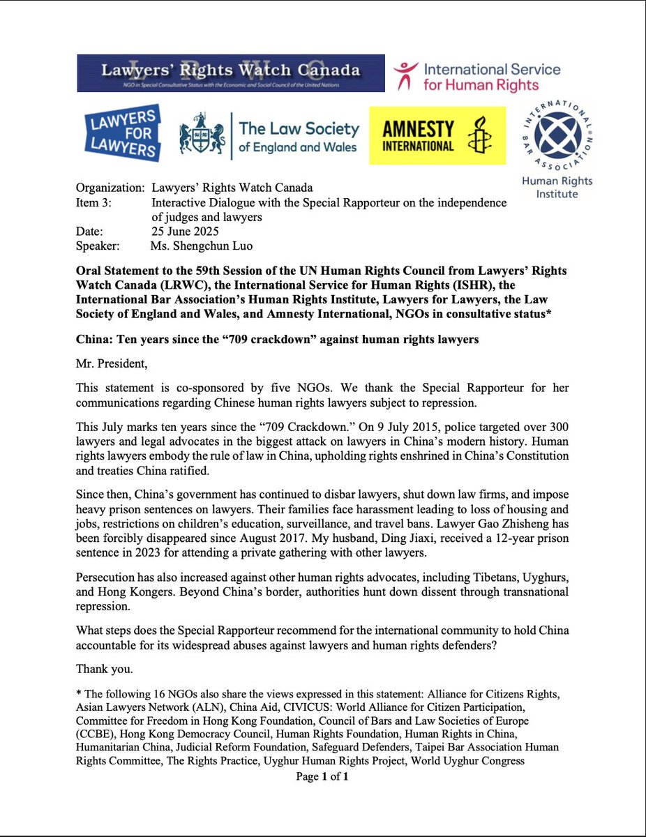 On June 25, <a href="/jrf_org_tw/">民間司法改革基金會 Judicial Reform Foundation (JRF)</a> stand together with <a href="/ISHRglobal/">ISHR</a> and 19 other concerned NGOs to support the human rights lawyers in China <a href="/UN/">United Nations</a> Human Rights Council 

#709大抓捕十週年 #709Crackdown #FreetheLawyers