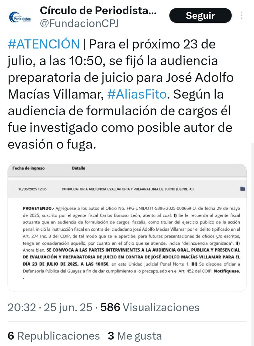 Ecuador Chequea (@ecuadorchequea) on Twitter photo #ATENCIÓN | Para el 23 de julio, a las 10:50, se fijó la audiencia preparatoria de juicio de José Adolfo Macías, alias 'Fito', según informó el Círculo de Periodistas Judiciales (<a href="/FundacionCPJ/">Círculo de Periodistas Judiciales</a>). La audiencia de formulación de cargos contra Macías se realizó por evasión o fuga. #ATENCIÓN | Para el 23 de julio, a las 10:50, se fijó la audiencia preparatoria de juicio de José Adolfo Macías, alias 'Fito', según informó el Círculo de Periodistas Judiciales (<a href="/FundacionCPJ/">Círculo de Periodistas Judiciales</a>). La audiencia de formulación de cargos contra Macías se realizó por evasión o fuga.