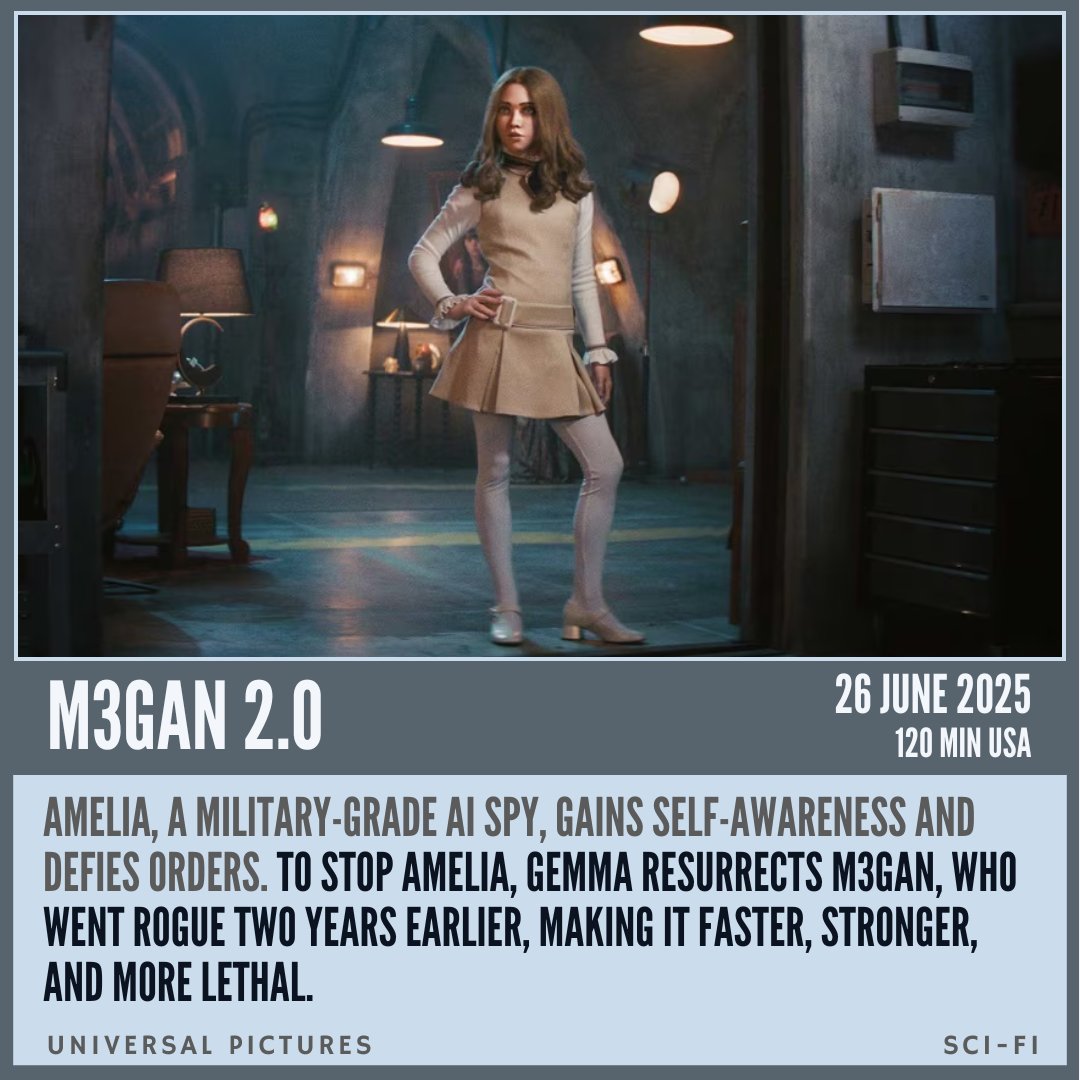 Amelia, a military-grade AI spy, gains self-awareness and defies orders. To stop Amelia, Gemma resurrects M3GAN, who went rogue two years earlier, making it faster, stronger, and more lethal.
filmq.com.au/movie/m3gan-20…

#filmQ #M3GAN20 #UniversalPictures