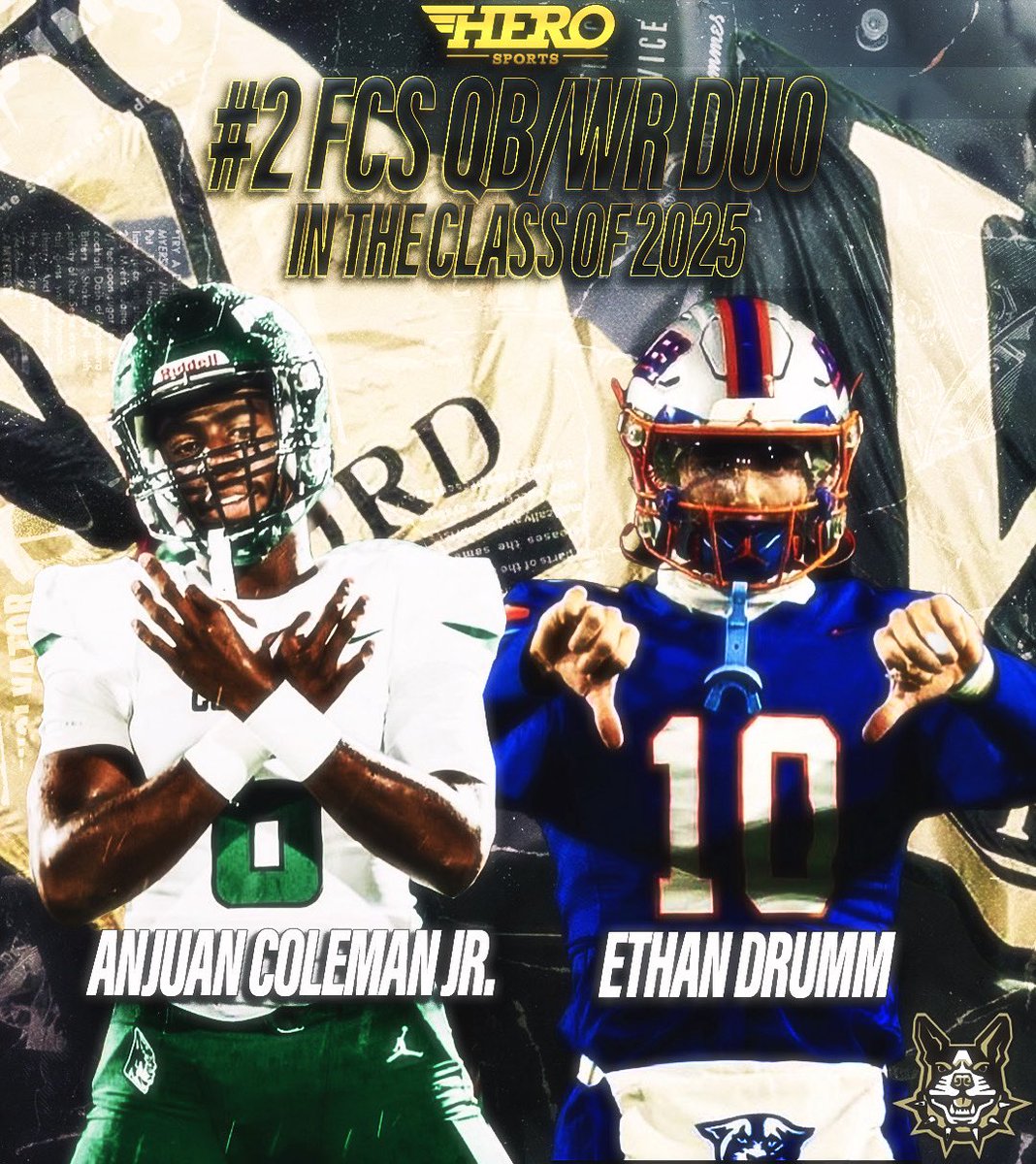 ShortHairedDawgs.com (@shorthaireddawg) on Twitter photo Hero Sports (<a href="/HEROSports_FCS/">HERO Sports FCS</a>) has ranked QB Ethan Drumm & WR Anjuan Coleman Jr the #2 QB/WR duo for the Class of 2025.
The <a href="/Wofford_FB/">Wofford Football</a> true freshman from the Sunshine State are also the two highest rated HS commits in program history according to @247sports.
Anjuan signed with Hero Sports (<a href="/HEROSports_FCS/">HERO Sports FCS</a>) has ranked QB Ethan Drumm & WR Anjuan Coleman Jr the #2 QB/WR duo for the Class of 2025.
The <a href="/Wofford_FB/">Wofford Football</a> true freshman from the Sunshine State are also the two highest rated HS commits in program history according to @247sports.
Anjuan signed with
