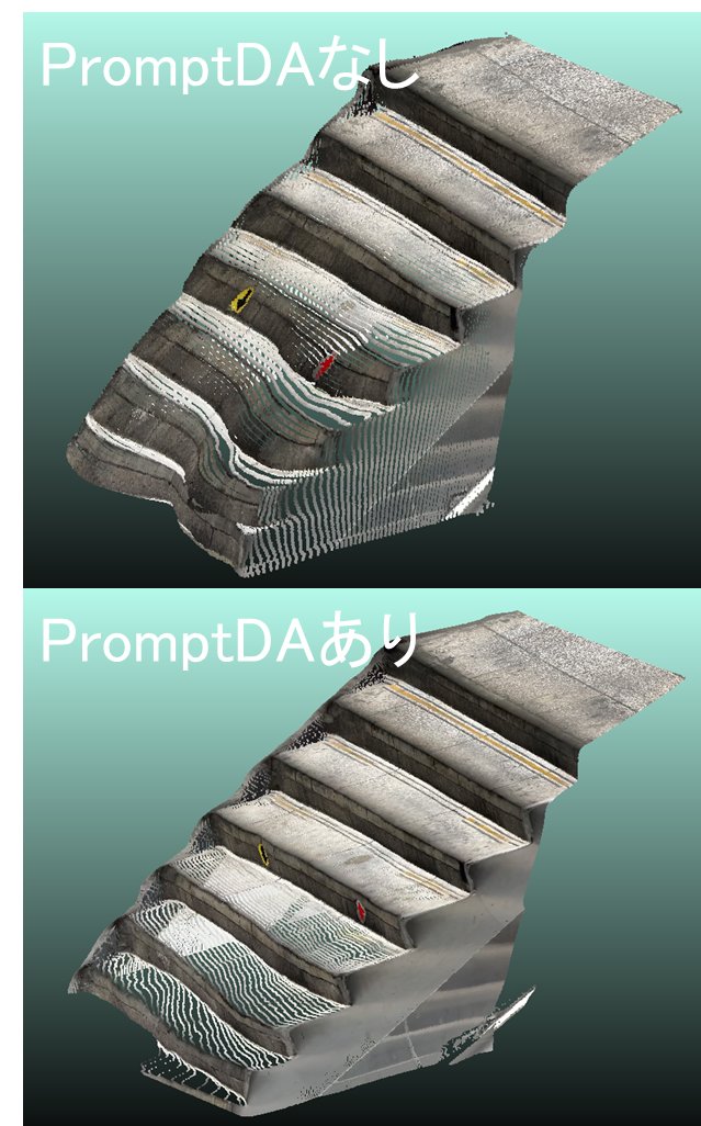 以下の画像はiPhoneから取得した深度画像を点群に変換した際に #PromptDA を用いた場合と未使用の場合の比較です。画像を斜めから見るとPromptDAを適用した場合には階段の段差構造がうまく補正されています。 一方、未補正のケースでは段差が連続して滑らかにつながり階段構造が曖昧になっています。