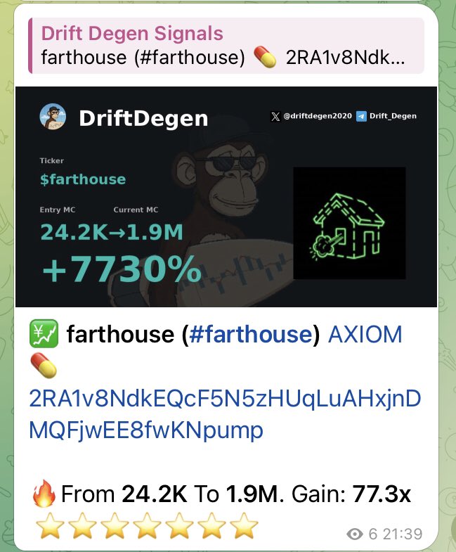 driftdegen2020's tweet photo. 💹 $farthouse (#farthouse)
💊 2RA1v8NdkEQcF5N5zHUqLuAHxjnDMQFjwEE8fwKNpump

🔥 $24.2K → $1.9M. Gain 78.5X
⭐️⭐️⭐️⭐️⭐️⭐️⭐️⭐️⭐️⭐️⭐️⭐️⭐️⭐️

No noise. Just results. 
🚀 Signal hit in the group: https://t.co/Leee7jAlCB
👁 Follow for more wins: @DriftDegen2020
#Solana #Gem #1000X https://t.co/kdHipjASsA