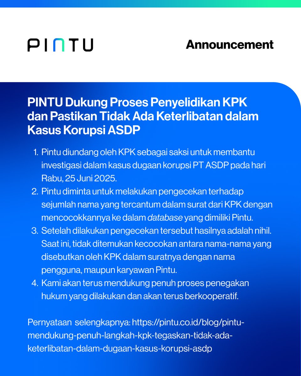 PINTU Dukung Proses Penyelidikan KPK dan Pastikan Tidak Ada Keterlibatan dalam Kasus Korupsi ASDP.

Pernyataan selengkapnya: pintu.co.id/blog/pintu-men…

#AplikasiPintu #AllInOneCryptoApp