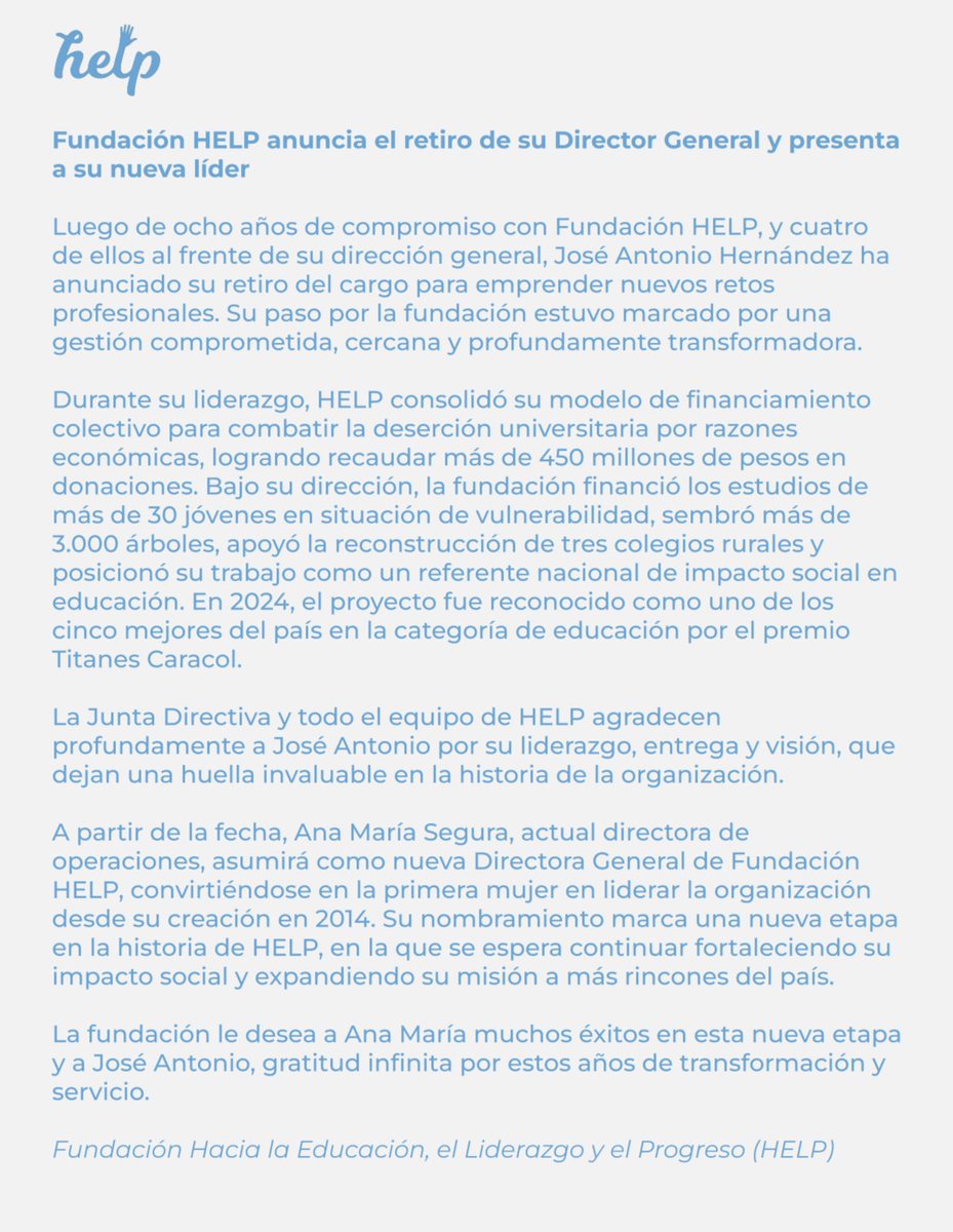 Agradecemos a nuestro ex Director <a href="/HernandezJose_A/">Jose Antonio Hernández</a> por sus años frente a la dirección de la fundación y le deseamos a nuestra nueva Directora <a href="/anasegura8/">Ana Maria Segura Mej</a> muchos éxitos en su nueva gestión.