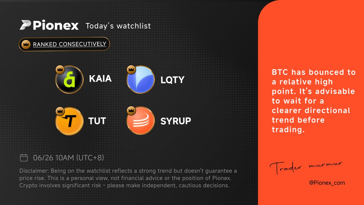 📅 6/26 Watchlist
🏯 $KAIA, $LQTY, $TUT, $SYRUP on our radar today!

💡Friendly Reminder:
The selected coins aren't guaranteed to rise — they just show stronger upward momentum and lower downside risk

#KAIA #LQTY #TUT #SYRUP #Pionex