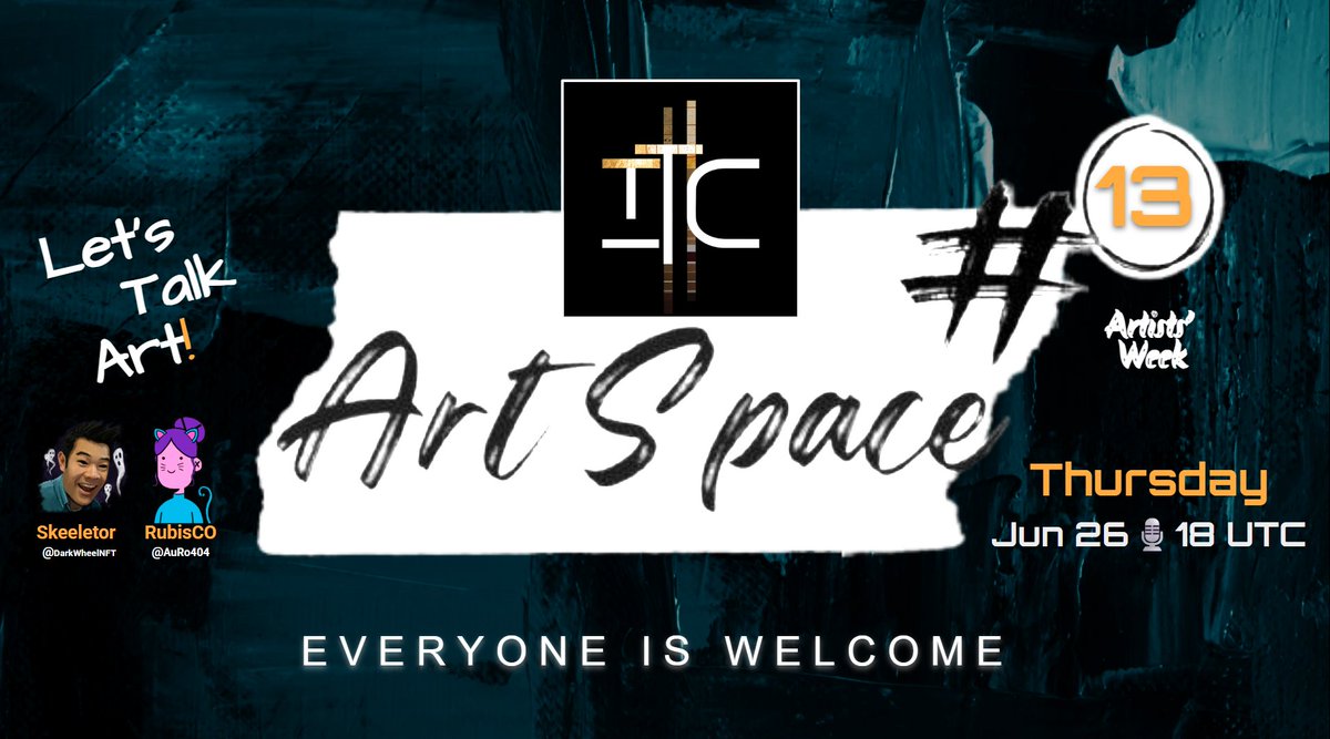 TheTezosCommunity (@thetezos) on Twitter photo 🎙️TTC x Artists - Let's Talk Art #13 TODAY @ 18 UTC
🔔x.com/i/spaces/1YqKD…
Join TTC's 13th monthly Art Space w/ <a href="/DarkWheelNFT/">DarkWheel.tez | Rick Kitagawa (he/him)</a> & <a href="/AuRo404/">AuRo aka RubisCO</a> and let's talk art with all the #Tezos artists who wants to join the space to talk about themselves and their art! These Art Spaces are for 🎙️TTC x Artists - Let's Talk Art #13 TODAY @ 18 UTC
🔔x.com/i/spaces/1YqKD…
Join TTC's 13th monthly Art Space w/ <a href="/DarkWheelNFT/">DarkWheel.tez | Rick Kitagawa (he/him)</a> & <a href="/AuRo404/">AuRo aka RubisCO</a> and let's talk art with all the #Tezos artists who wants to join the space to talk about themselves and their art! These Art Spaces are for